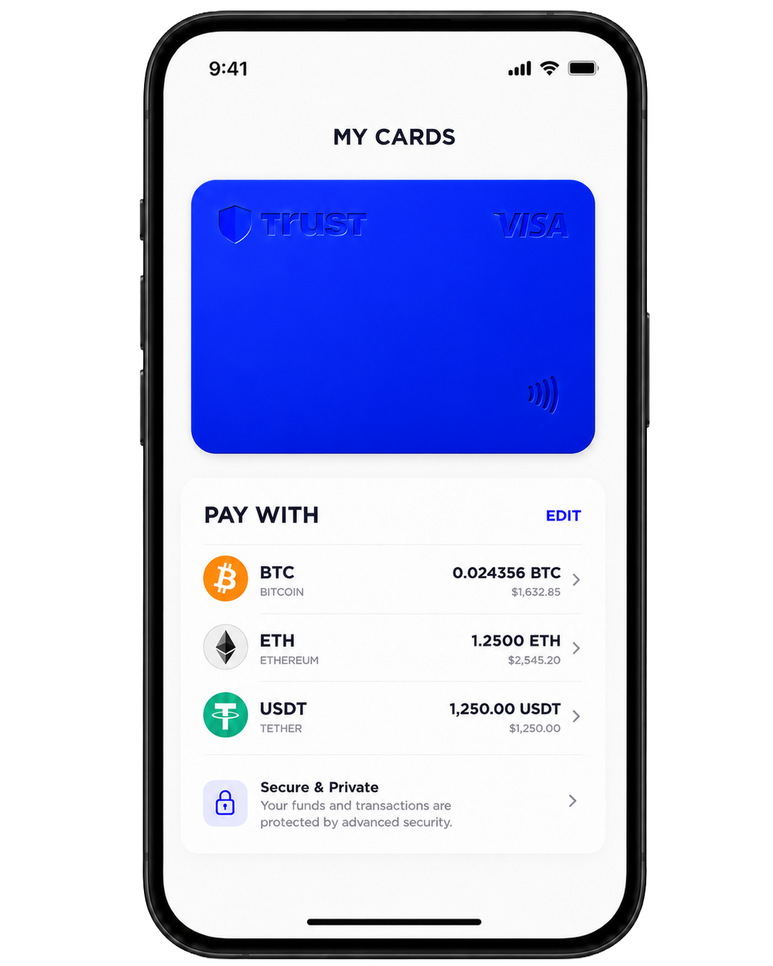 Trust Card wallet screen showing BTC, ETH and USDT balances