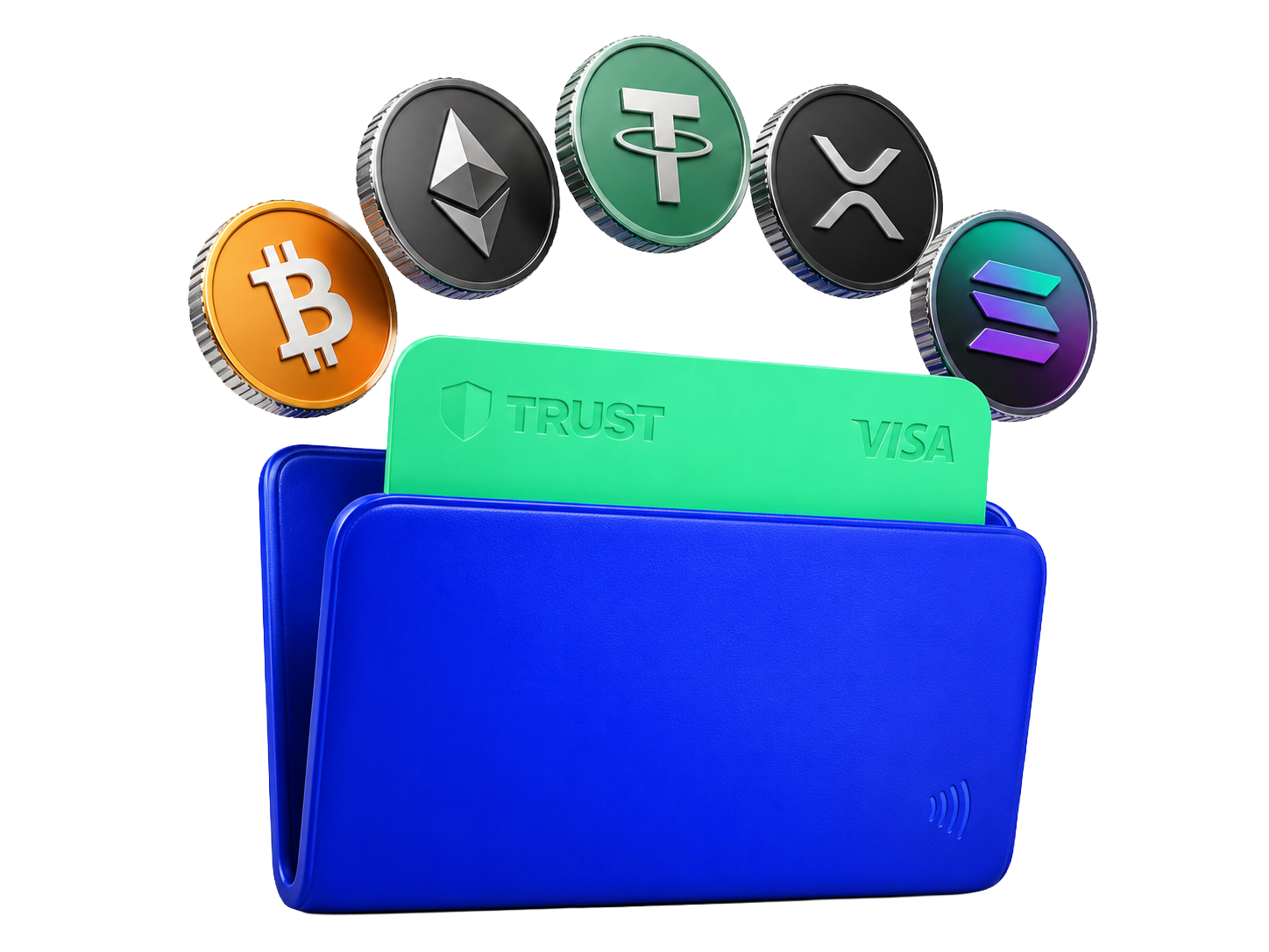 A wallet holding a Trust Card with Bitcoin, Ethereum, Tether, XRP and Solana coins floating above.